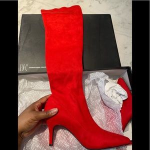 Red over the knee thigh high boots